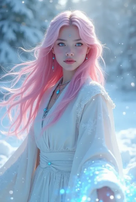 Female 20 years old,귀여운 얼굴,pink long hair, wears white clothes and covers snow crystals and white eyes, Ice superpower 