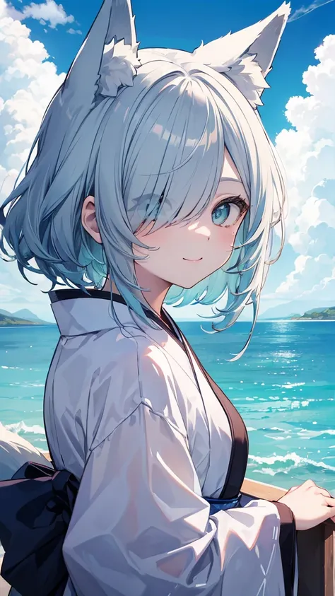  Gray Hair、 long hair、hair over one eye、summer、sea、Ruins、 low angle、Cumulonimbus、 slender、  cute pose、smile、  Cool Personality、  boyish、July、  kimono、 Fox Ears、fox tail、 high school girl、、masterpiece、masterpiece、 pale blue-green eyes、((Light blue inner hai...