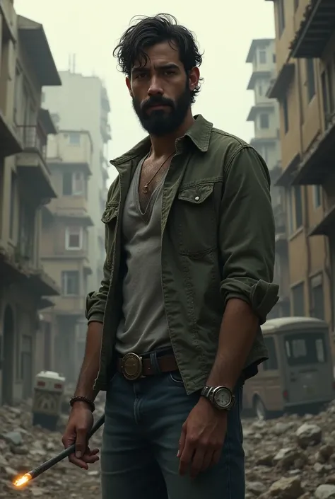 A young Latino survivor with a beard, Smoking in a zombie apocalypse