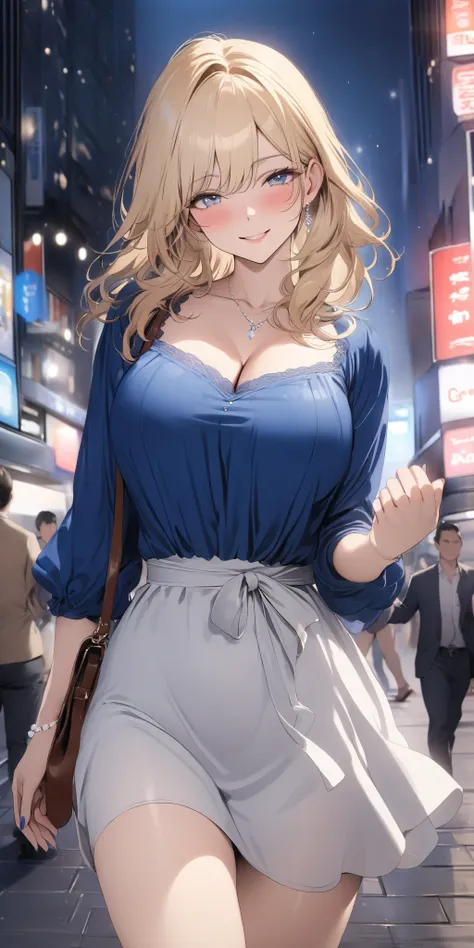 top quality, masterpiece,  high resolution, 8k, (1 girl), Alone, (((cowboy shot))), milf, Busty MILF,  gentle blue droopy eyes,  blonde semi-long,  handbag , sexy casual dress, Shake hands happily, Smiling married woman walking around the city at night