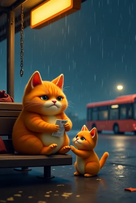 "A realistic chubby orange cat with sad eyes sits on a bench at a small, dimly lit bus station. His tiny chubby orange kitten sits beside him, looking curious and innocent. The station is quiet, with a few scattered bags and a flickering overhead light. Th...