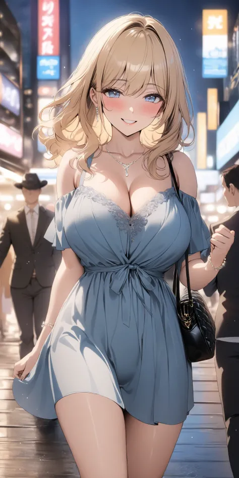 top quality, masterpiece,  high resolution, 8k, (1 girl), Alone, (((cowboy shot))), milf, Busty MILF,  gentle blue droopy eyes,  blonde semi-long,  handbag , sexy casual dress, Shake hands happily, Smiling married woman walking around the city at night