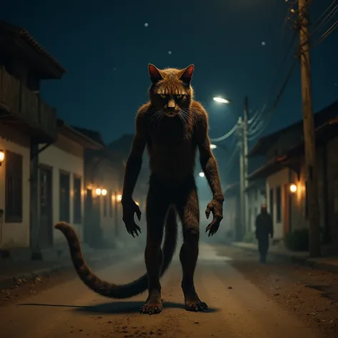 cat man,  thin body, very hairy, dark brown coat. Long tail.  Aggressive and frightening expression. Hands have claws. The skin color is dark brown. Corpo now. He's barefoot and standing , under a , At a crossroads of a dirt road,  with old houses in Portu...