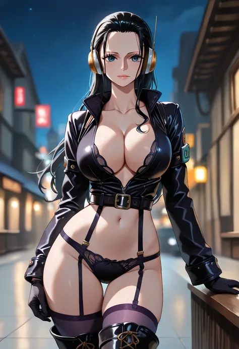 ((masterpiece, best quality)),(high resolution), night,
(contrapposto, sensual pose)ONEPIECE_EggHead_NicoRobin_ownwaifu,
1 girl, nico robin wearing black lingerie, black hair, long hair, big breasts, blue eyes, collarbone, slicked back hair, eyelashes, str...