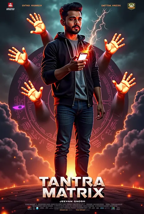 A **Bollywood movie poster** for **"Tantra Matrix,"** a supernatural science fiction thriller blending ancient mysticism with futuristic technology. The background features a **stormy sky with dark, swirling clouds merging into a high-tech sci-fi chamber f...