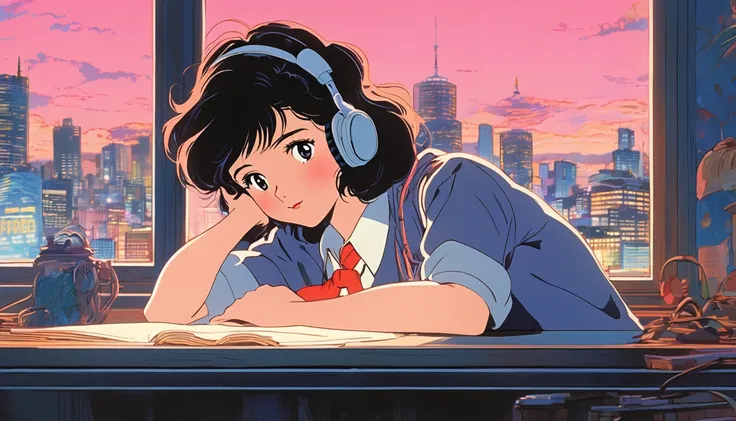 A highly detailed 80s Japanese city pop-inspired anime illustration featuring a young girl with dark wavy hair, wearing a classic school uniform with a loosened tie and large retro headphones. She is lying on a cozy wooden desk, resting her chin on her arm...