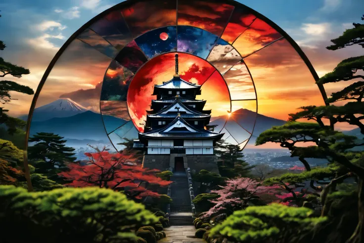  top quality,  face focus,  soft light,  super high resolution, ( pictures realistic:1.4),  RAW photos , Earth, Japanese Castle,Harmony , nature, destruction and creation ,Earth image ,dark, surreal,Blood,sunset,The Universe and God, stained glass backgrou...