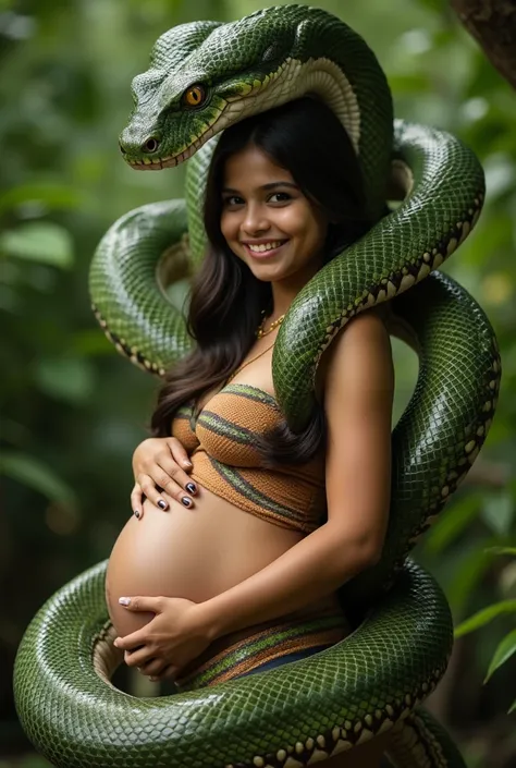 Pregnant smiling Happy Horny, aroused 1girl), beautiful standing Indian village girl very young  girl with giant colossal green kaa monster squeezing her hard, wrapped in thick spiraling coils, constricted, struggle, gasping for air, snake attack, snake pe...