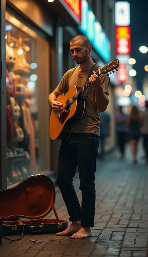 A hyper-realistic full-body depiction of a man with a buzzcut hairstyle, wearing a brown t-shirt and black pants, barefoot, playing a guitar. He is busking in front of a store, his expression focused as he strums the strings. The background features a bust...