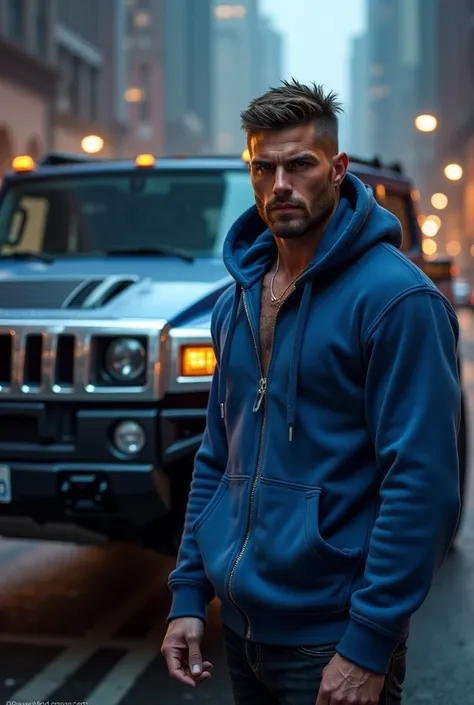 Masculine man in blue hoodie standing next to hummer