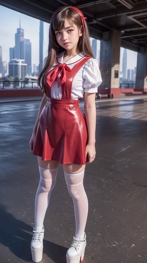 ((full body)), front view fitted figure , cute  beautiful schoolgirl, beautiful cute    face with big lips , ((girly and sweet)), (confident), (smile), ((very detailed character)), (((girl is just 12 y.o.))), ((High Waisted red leather skater pinafore dres...