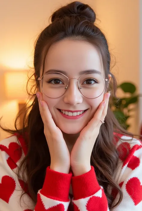 The image portrays a cheerful and cozy indoor scene. A young woman with glasses is smiling warmly at the camera. She has her hair styled in a casual updo and is wearing a red and white sweater with a heart pattern, which adds a playful and affectionate tou...