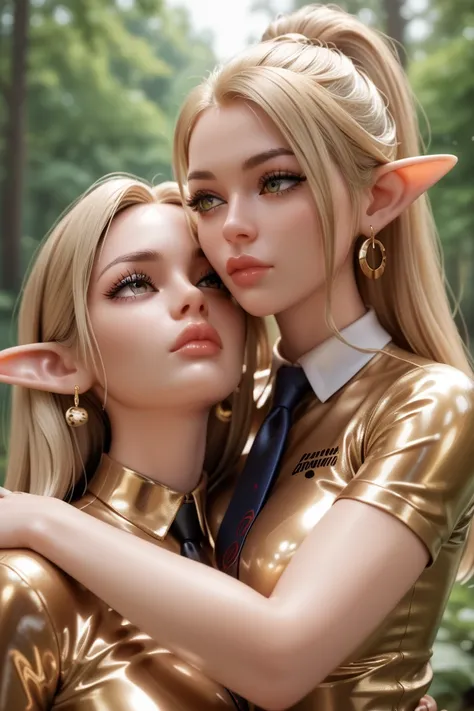 2 women , In an extremely figure-hugging  ,      shiny gold latex polo shirt,  Is In The Forest ,    two sides up   ,      blonde hair    ,   reflection  ,      reflecting light    ,       high resolution ,      masterpiece  ,    Long eyelashes,     long f...