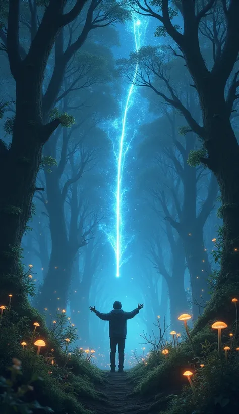 "A magical forest with glowing fireflies and stars, and a person with outstretched arms trying to catch a shooting star."
