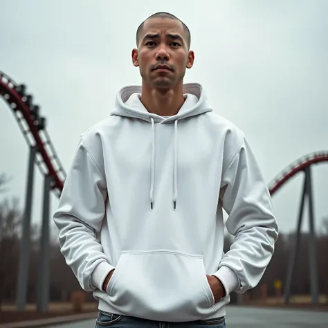  close up，An Asian bald young hunk wearing a white hoodie and jeans，Hands in front of the sweatshirt's belly pocket ，The background is a roller coaster ，American inch  ，Round Face，facial lens，