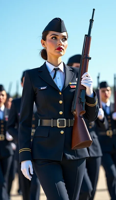 A squad of confident female soldiers marching in formation, dressed in sharp military uniforms with a modern design, holding rifles with precision. The scene is set outdoors on a bright and clear day with a blue sky. The women are portrayed as strong and p...