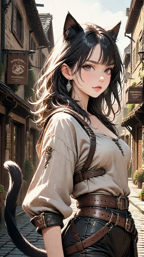   high resolution,  top quality, fantasy, medieval Europe , Humanization,Cat ears,Cat tail,Linen Clothes,Leather Belt,chest armor with scales,woman,earrings, medium hair, black hair,,silver gradation,Brave face, and watch the viewers, side view ,Country to...