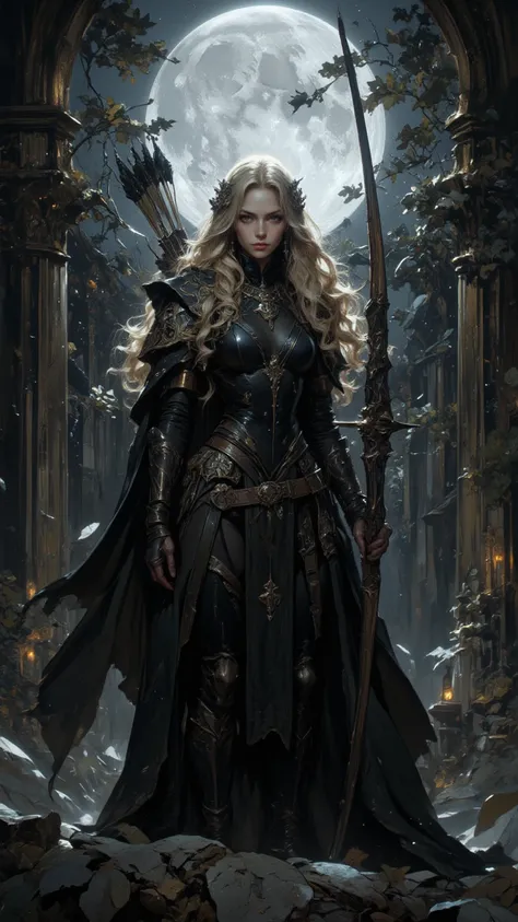 A mature woman， Sexy figure ， In a dark gothic city,   bathed in the silver light of the full moon  . Her long golden wavy hair is adorned ,  Catch the moonlight  .  She wears stylish ,   dark leather suit with an elegant  ,  , she held a beautifully carve...