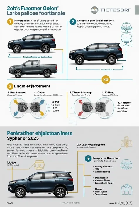 The 2025 Toyota Fortuner offers a range of powertrain options designed to balance performance and efficiency:

Engine Options:

1. 2.8-Liter Turbocharged Diesel Engine:

Power Output: 204 PS at 3,400 rpm

Torque: 500 Nm between 1,600–2,800 rpm

Transmissio...