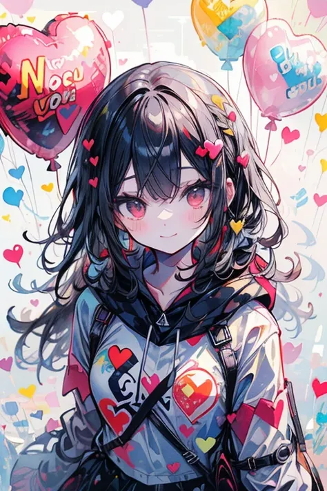 ((((masterpiece,  top quality,  very detailed,  very_expensive_ all red , big_ file size,  full color)))),  one girl, (( best smile)), （A smile that makes you close your eyes）,  Long black hair,  pink eye, Wearing a fluffy white hoodie,  heart-shaped eyes,...