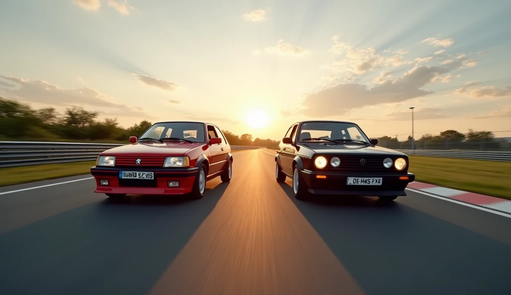  generate a landscape image ,  Ultra HD, 4K, On the left a red Peugeot 205 GTI and on the right a black Golf 2 from the front while driving, sur un circuit, dynamic image , fond un peu flou, Speed effect,  the two vehicles are side by side , On the racetra...