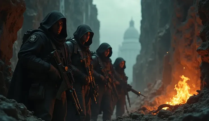 Low-angle shot of resistance fighters hiding in the ruins of a war-torn planet, cloaked in shadow.
🎭 Flickering firelight reflecting in their determined eyes, emphasizing resilience