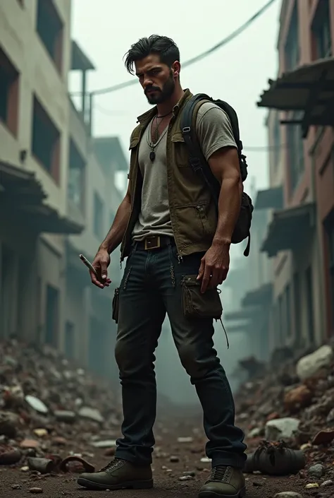 A young Latino survivor with a beard, Smoking in a zombie apocalypse