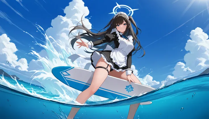 (((best quality, 8k, masterpiece: 1.3)), (( best quality)), ((masterpiece)), ( Details), perfect face, perfect body, A beautiful maid with long, flowing hair, wearing a stylish black and white maid outfit adapted for surfing. She is riding a massive wave o...