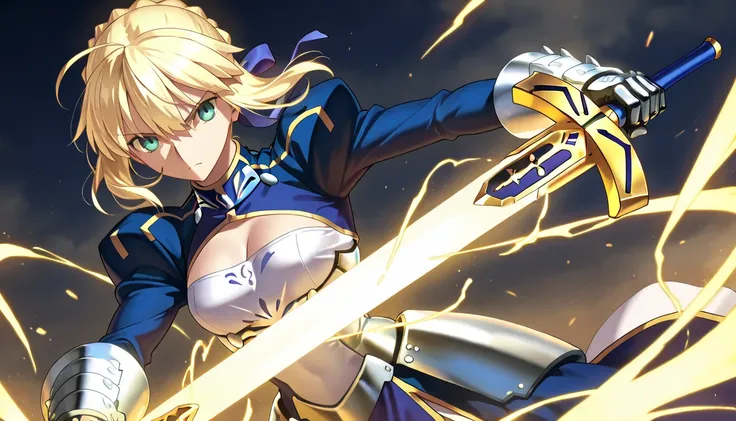  Artoria Pendragon ,  fighting with the sword Excalibur, Beautiful image,  best quality, 4K,  Ultra HD,  detailed eyes , power coming out of the sword , breasts, Waist, slender body,  determined look , sexy