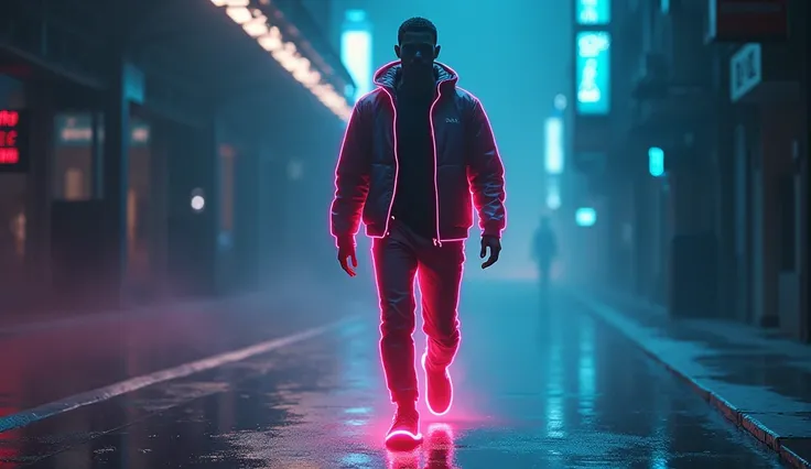 Main character in the foreground, glowing with neon outlines and moving with confident energy.