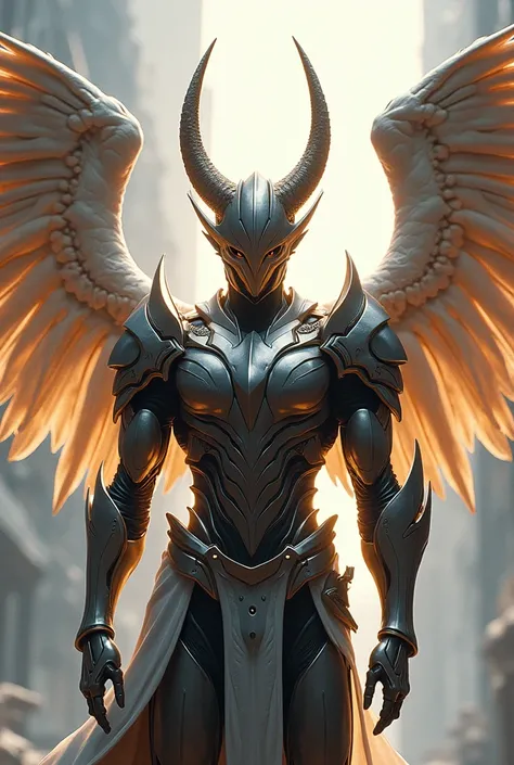 ( masterpiece: 1.2),  best quality,  High resolution,  unit of wallpaper 8k ,  extremely detailed, perfect  lighting,  official art , Armor, big_horns, Armor completa, transparent wings, high-level duel, warframe, Humanoide,  Horns,  capable, WMASK,  simpl...