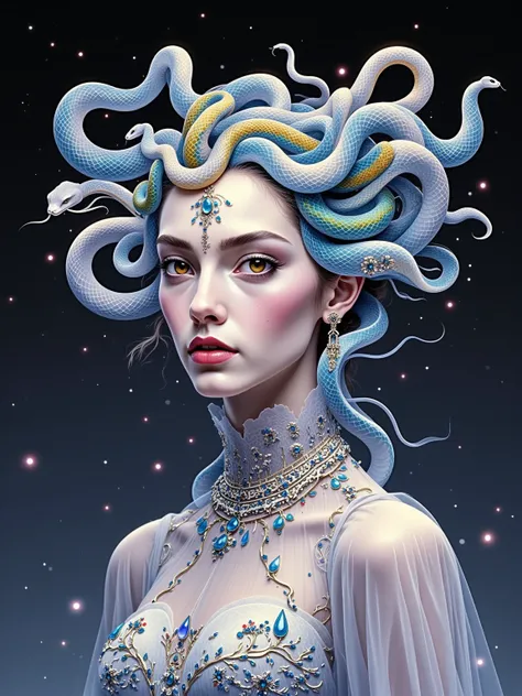 Medusa as a high fashion model on the cover of Vogue, inspired by the styles of Helmut Newton and Paolo Roversi, beautiful and powerful, the whole head hair has become glass snakes, each snake breaks different colors of the rainbow, delicate The dazzling f...