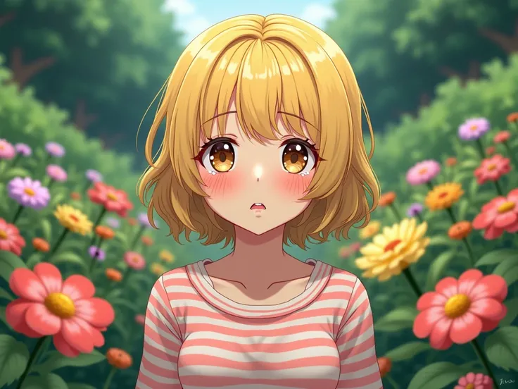 Crying Japanese girl, short-haired, curly-haired, yellow-haired, wearing a long-sleeved round-neck blouse with pink stripes alternating with white, in a flower garden