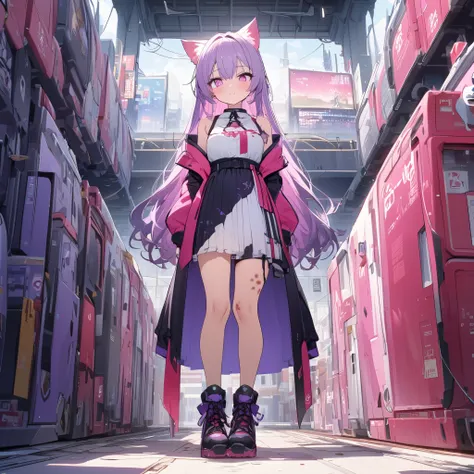 (((( masutepiece 、 Wide Shot ))), ((( Best Quality ))), (( Ultra Detailed )), ( Illustration ), (( Extremely Delicate and Beautiful)),, 1 girl, half pink hair on the left and purple hair on the right, long hair, half purple on the left and pink on the righ...