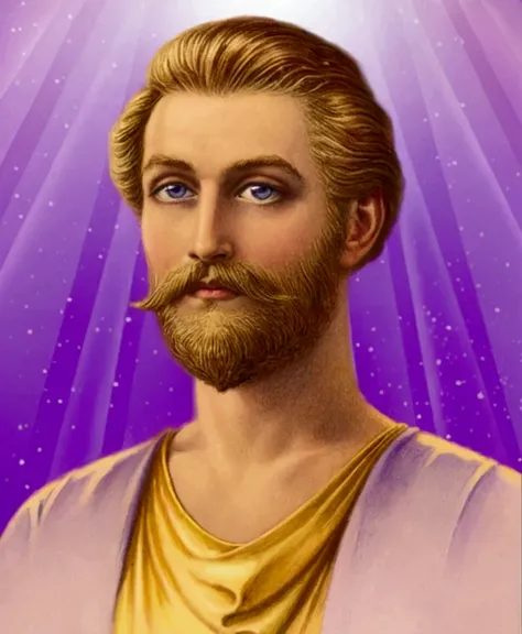 Master Saint Germain as a young man with the background of the Violet flame, a realistic portrait 