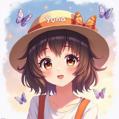 Anime style brunette girl with a hat written Yuna with butterflies 