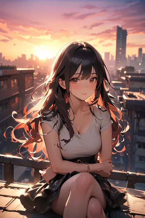 1 girl, (cute face), Southeast Asian, (wavy long hair), (thoughtful expression), medium breasts, slim, (wearing a layered skirt), knee length, (radiant skin), 
BREAK 
slum landscape, dilapidated buildings, (sitting on a rooftop:1.2), looking at the sunset,...