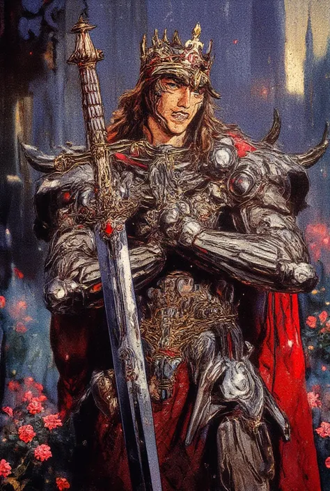 A 1980s west German sword and sorcery film-style image (Handsome Young Man: 1.5) (Wearing a royal crown from a formidable medieval Slavic land: 1.3) Adorned with sparkling crystals on his crown, his face is full of power and determination, wearing sparklin...