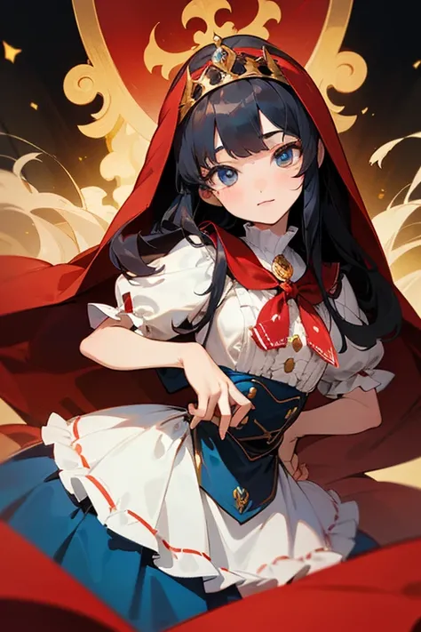  top quality,   super high resolution, illustration style, (( cute middle school girl)),( small tits),uniform、School、( Long Golden Hair, blue eyes, white frills Apollo )、(Medium black hair、 red eyes、 Little Red Riding Hood)、( Long Golden Hair、 blue eyes、Ci...