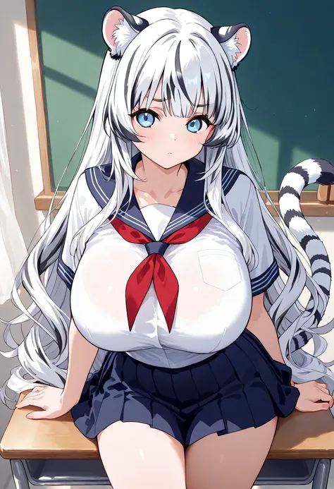   1 girl, alone,  long hair,White tiger ears , White Tiger Tail, blue eyes,Big Breasts, school uniform,White Tiger Girl 、