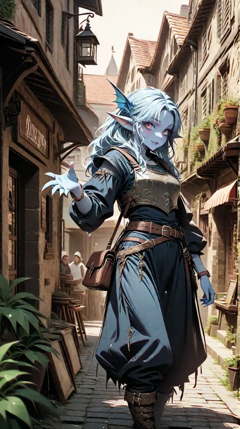   high resolution,  top quality, fantasy, medieval Europe , Humanization,Murloc,Watery hands and feet,ears like fins ,Blue skin tone,Scaly skin,Breastplate,Leather Belt,Leather Handbags,woman,,Brave face, and watch the viewers, side view ,Country town,Tave...