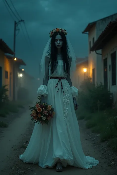 Ghost Bride, Skinny and  body,  Extremely white skin .  creepy expression .  long hair ,  black and disheveled . Dark and sunken eyes. Do you wear wedding dress with veil, Wreath and a white long-sleeved dress, far away, Broken and dirty. Carry a bouquet o...