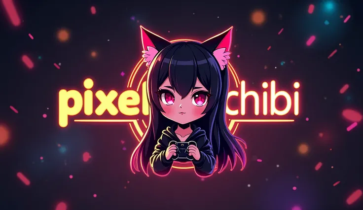 This is a gaming logo that features the name "PixelChibi" in a futuristic font and a neon Golden color. and girlAnime avtar  ((cat girl, cat black ears)), (red eyes), (long hair), (( black hair, (Ahoge), straight bangs,)), The logo also has a stylized cont...