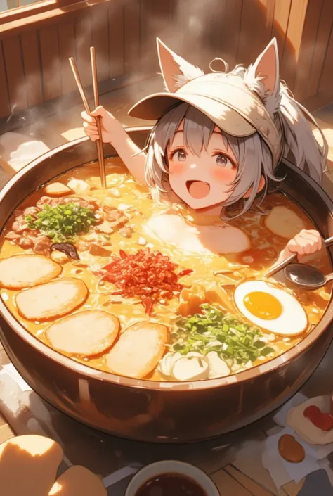 (Masterpiece, BestQuality:1.2),A cute anime-style girl soaking in a giant bowl of Hakata tonkotsu ramen like a hot bath. She has a joyful and relaxed expression, with steam rising around her. Her hair is slightly damp, and she playfully holds a pair of cho...