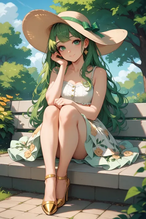 girl with long green hair, knee length long white floral skirt with green details, white crop top with golden accents, golden high heels, green eyes, cute face, at a park, sunhat, sitting