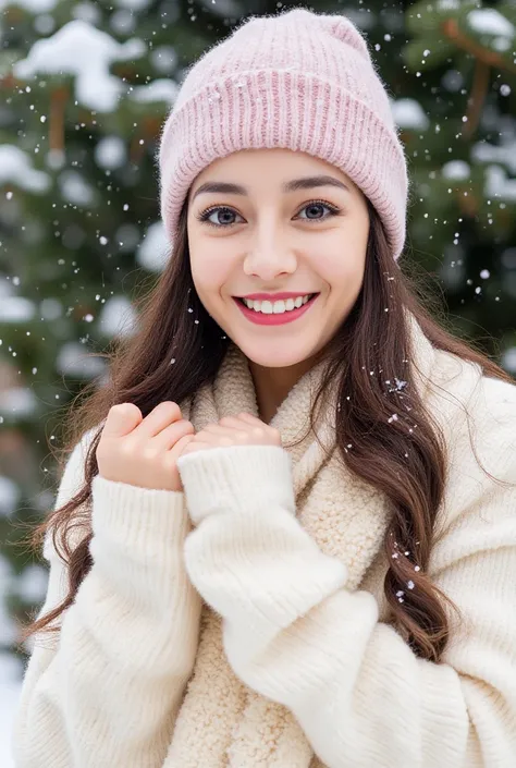 The image captures a joyful moment of a woman enjoying a snowy day outdoors. She is wearing a warm, pastel pink beanie and a cozy, cream-colored shawl with delicate lace detailing, which adds a touch of elegance to her winter attire. The woman's bright smi...