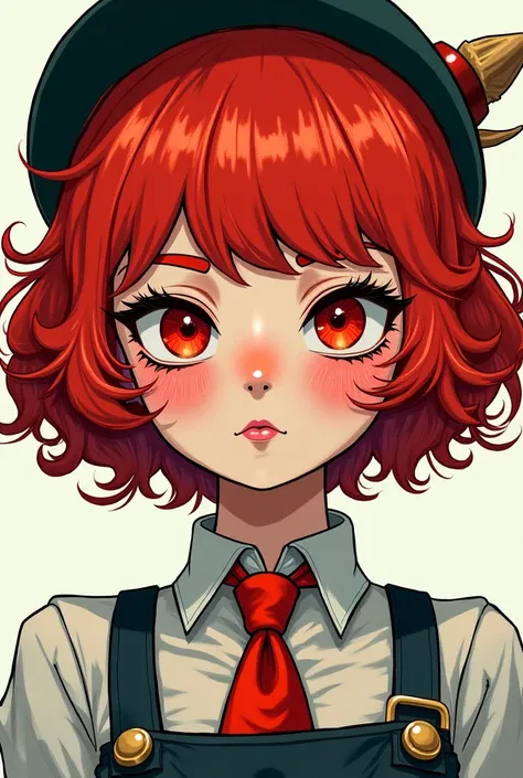 A girl with curly short red hair, red eyelashes and eyebrows ,  bright eye makeup,  crazy look . Sloppy , vintage style with tie, hat on head. Anime manga style 