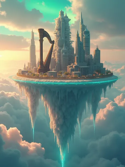 **" A floating city built on solid clouds ,  with buildings shaped like giant musical instruments (harp, saxophone, piano).  Streets are made of crystal clear water flowing upwards ,  and the sky is a mix of sunsets and Northern Lights . Style *architectur...