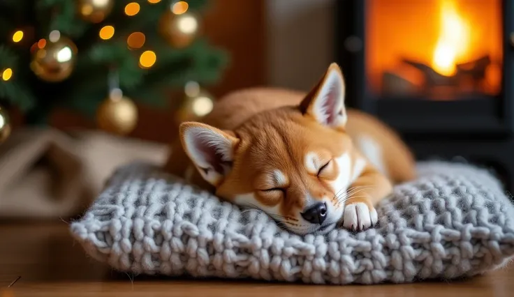 Image is a cozy, warm-toned photograph featuring a ginger tabby fency cute puppy dog with distinct orange and white stripes, peacefully sleeping on a knitted, light gray cushion. The dog eyes are closed, and its front paw is stretched out comfortably. In t...