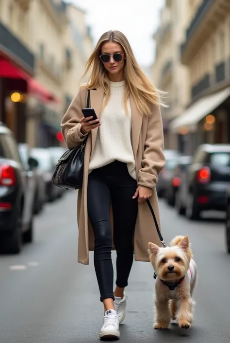 Crée une image d’une femme typique du 16e arrondissement de Paris, incarnant tous les clichés associés à ce quartier chic. Elle est blanche, grande et élancée, avec de longs cheveux blonds parfaitement brushés, lâchés sur ses épaules. Son maquillage est di...